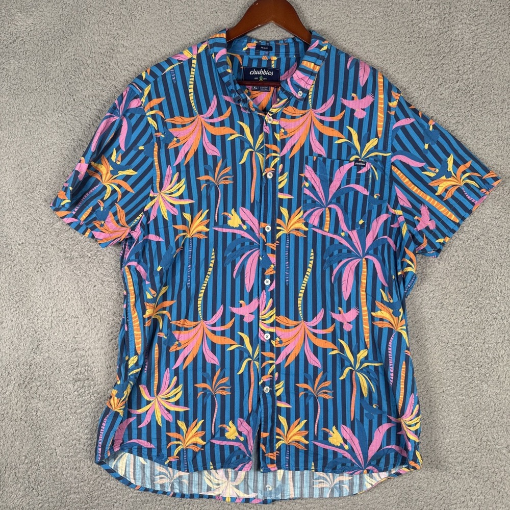 Chubbies The Breeze Friday Shirt Mens XL Blue Palm Tree Print Short Sleeve